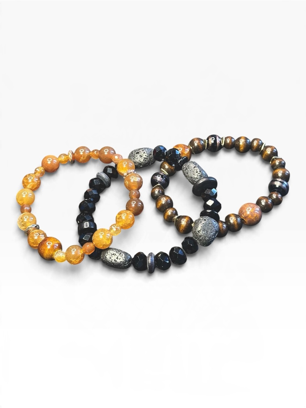Men’s 3-Piece Beaded Bracelet Stack – Black, Bronze & Earth Tones